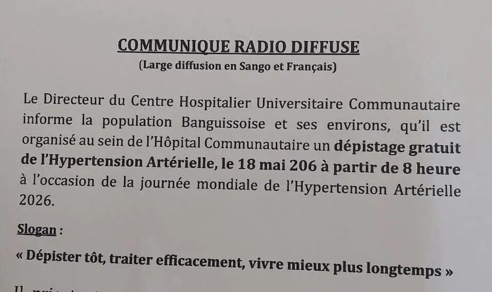 RCA : journée mondiale de l’hypertension, l’hôpital communautaire lance une compagne gratuite de dépistage